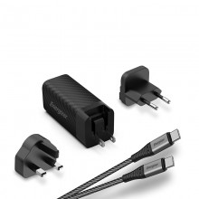 Energizer Ultimate - Ładowarka sieciowa Multiplug EU / UK / US GaN USB-C & USB-A 65W PD + Kabel USB-C (Czarny)