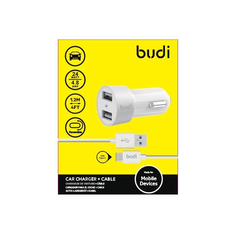 Budi - Ładowarka samochodowa 2x USB, 24W + kabel USB-C 1,2 m (Biały)