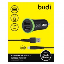 Budi - Ładowarka samochodowa 2x USB, 17W + kabel Lightning (Czarny)