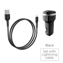 Borofone - ładowarka samochodowa 2x USB kabel Lightning w zestawie, czarny