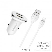 Borofone - ładowarka samochodowa 2x USB kabel Lightning w zestawie, biały