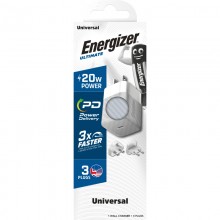 Energizer Ultimate - Ładowarka sieciowa podróżna Multiplug EU / UK / US GaN USB-C 20W PD (Srebrny)