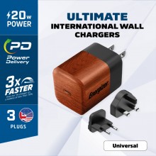 Energizer Ultimate - Ładowarka sieciowa podróżna Multiplug EU / UK / US GaN USB-C 20W PD (Walnut burl)