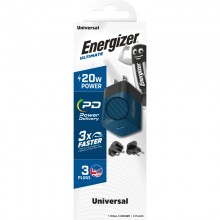 Energizer Ultimate - Ładowarka sieciowa podróżna Multiplug EU / UK / US GaN USB-C 20W PD (Niebieski)
