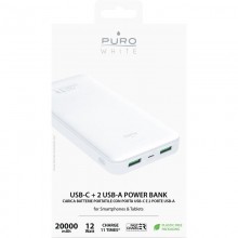 PURO White Fast Charger Power Bank – Power bank dla smartfonów i tabletów 20000 mAh, 2xUSB-A + 1xUSB-C (biały)