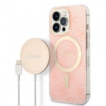 Guess Bundle Pack MagSafe 4G - Zestaw etui + ładowarka MagSafe iPhone 13 Pro (różowy/złoty)