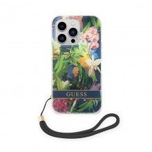 Guess Flower Cord - Etui ze smyczką iPhone 14 Pro Max (niebieski)