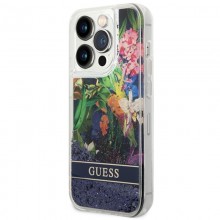 Guess Liquid Glitter Flower - Etui iPhone 14 Pro Max (niebieski)